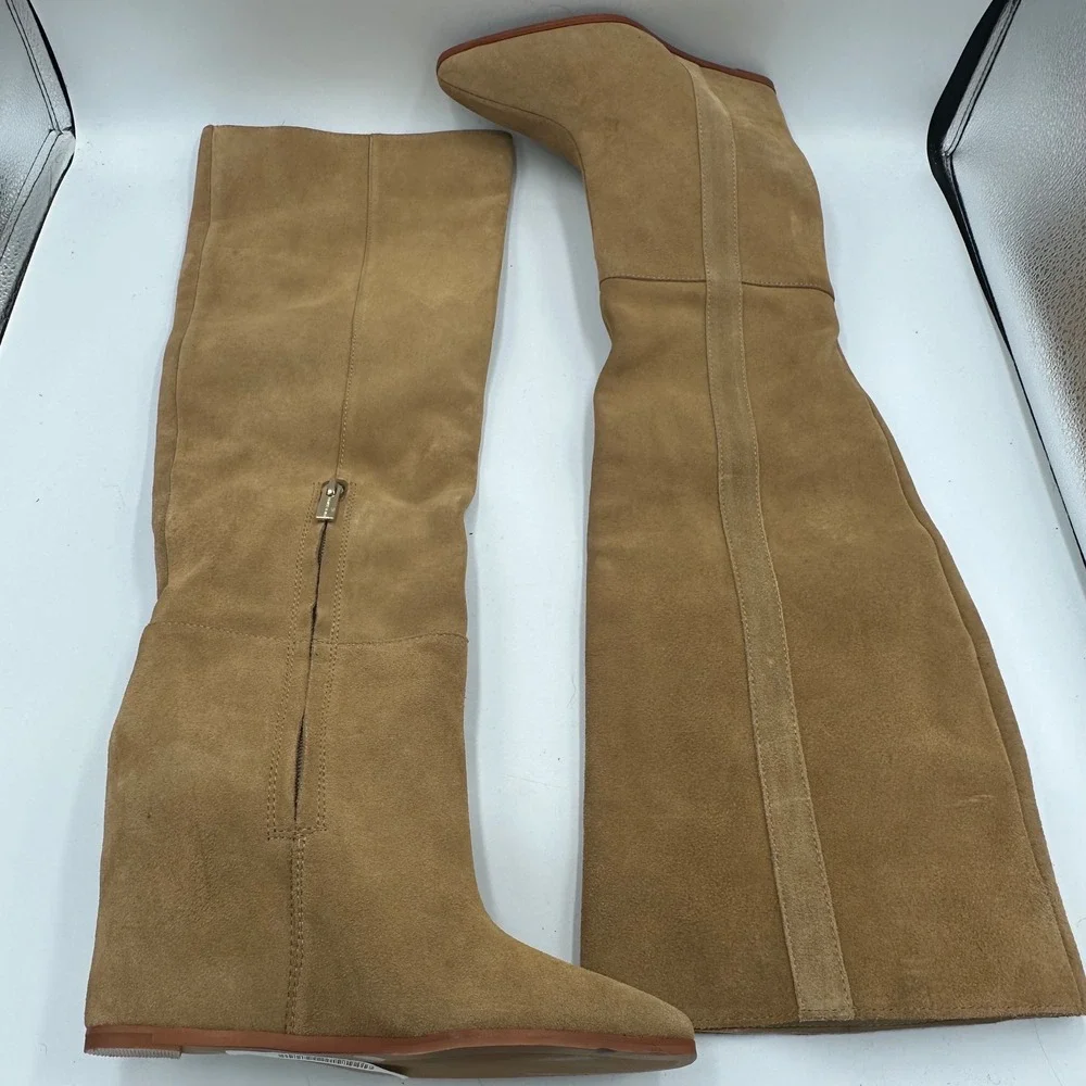 Vince Camuto Tiasie Over‎ Knee Boots Tan Suede Wedge Wmn 5.5 Pointed Toe Euro